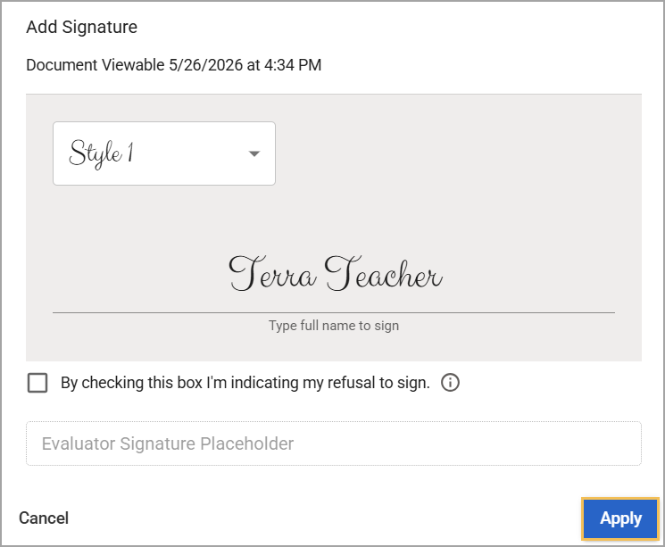 Signature section for an educator with options to apply or refuse signing.